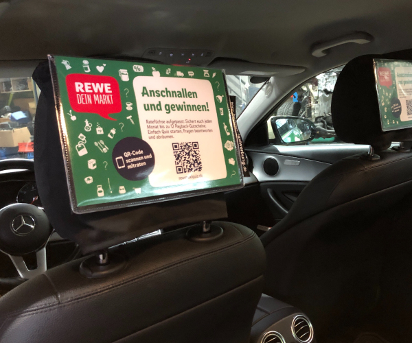 Taxi Innenraumwerbung Kopfstütze Rewe